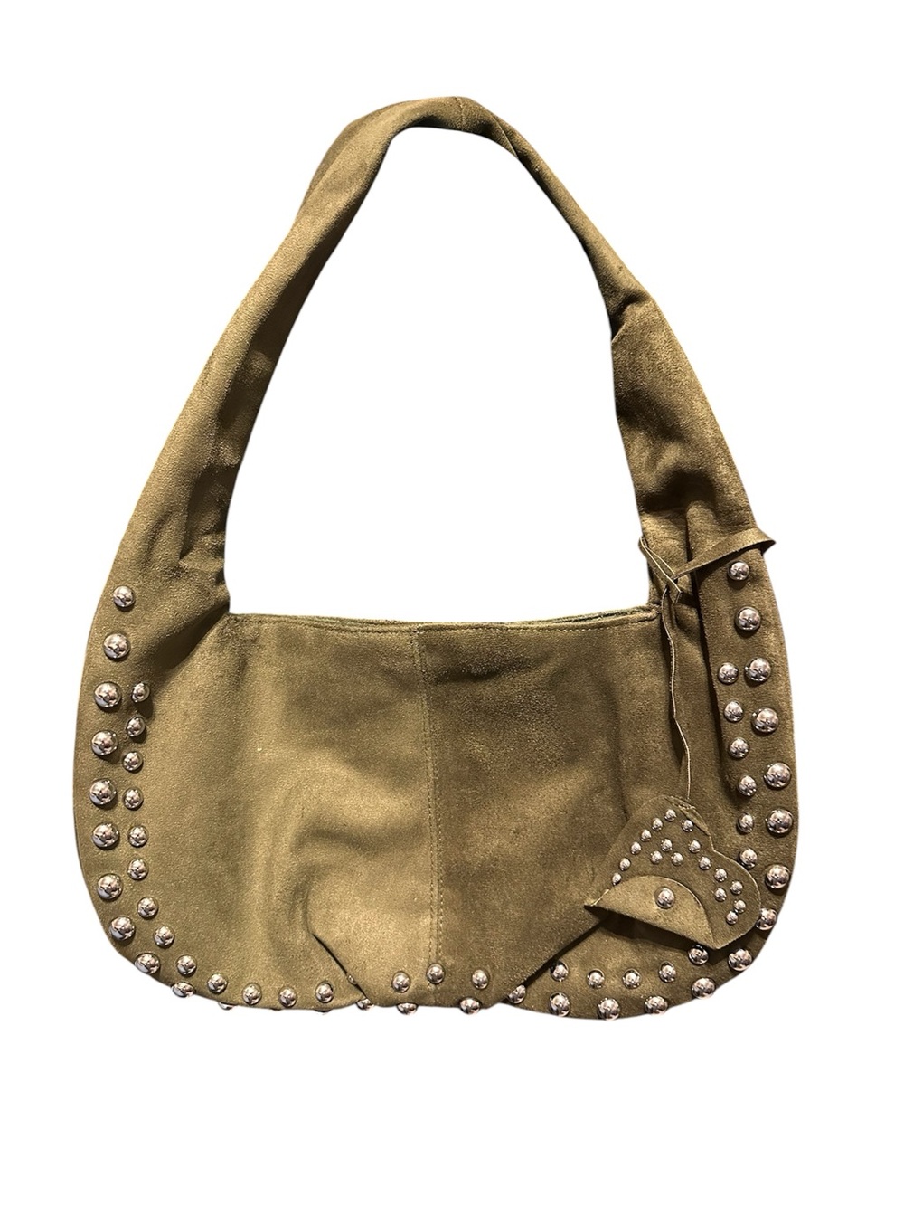 Olive Studded Faux Suede Shoulder Bag